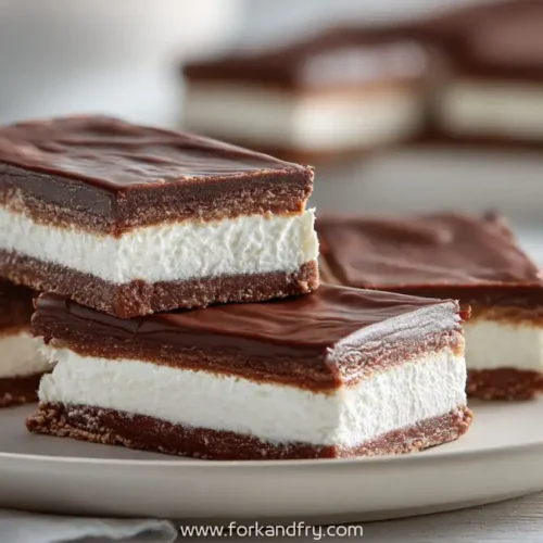 stacked marshmallow cream chocolate bars with glossy tops on white plate