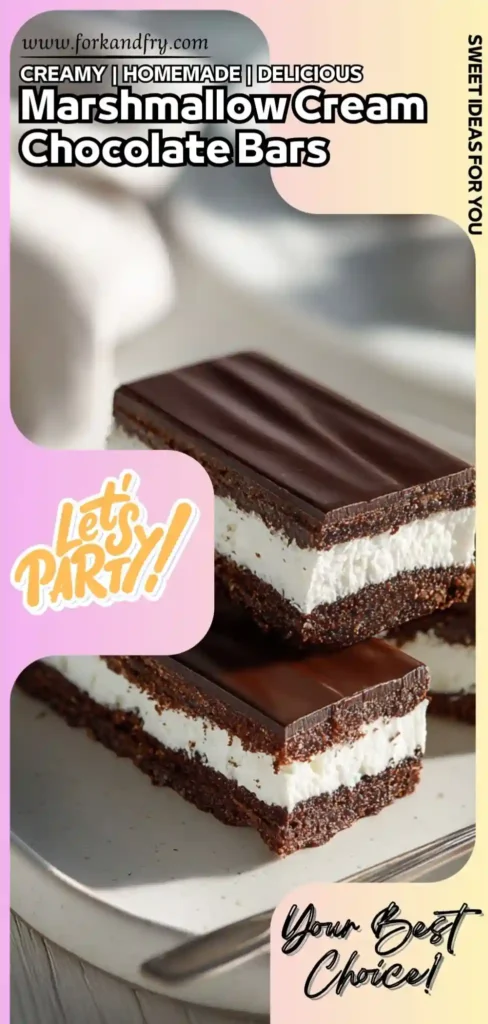 Marshmallow Cream Chocolate Bars Promo stacked chocolate marshmallow cream bars with glossy tops styled for social media party promo