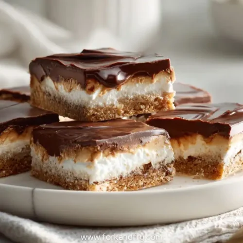 No bake marshmallow chocolate dessert bars with graham cracker crust on a white plate