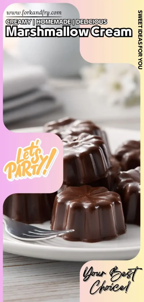 Marshmallow Cream Chocolate Sweets Perfect for Parties Glossy flower-shaped chocolate marshmallow candies stacked on a plate with a fork