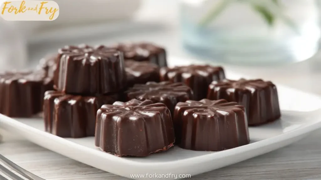 Flower-shaped chocolate marshmallow cream candies on a white plate