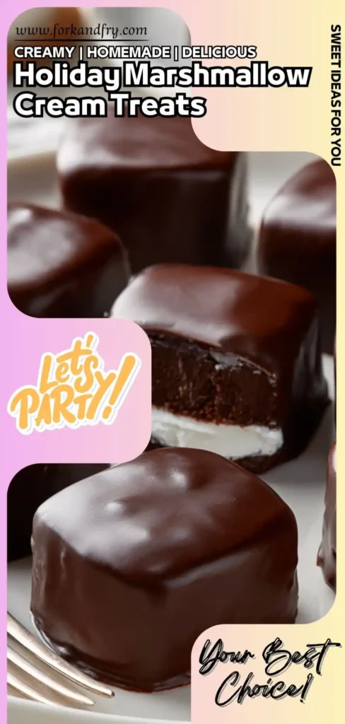 Holiday Chocolate Marshmallow Cream Treats Promo closeup of sliced and whole chocolate marshmallow cream treats with festive party design elements