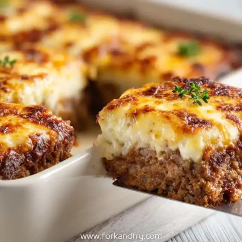 golden-baked cheesy meatloaf casserole topped with herbs in white ceramic dish