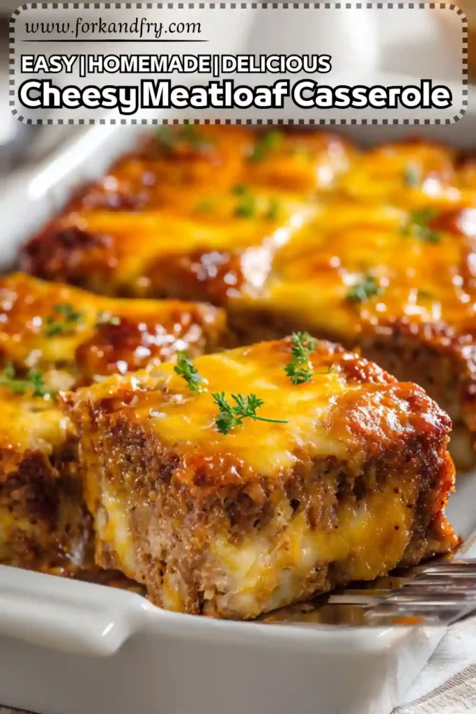 Easy Cheesy Meatloaf Casserole – Homemade u0026 Delicious cheesy meatloaf casserole slice with golden crust and parsley in white baking dish