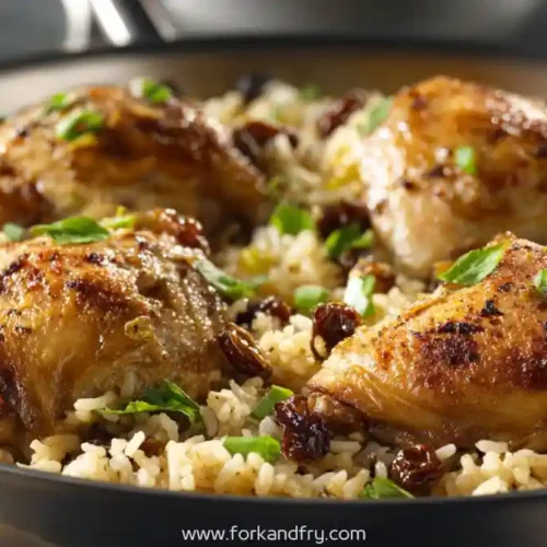 Moroccan chicken thighs with golden rice and raisins garnished with herbs in skillet