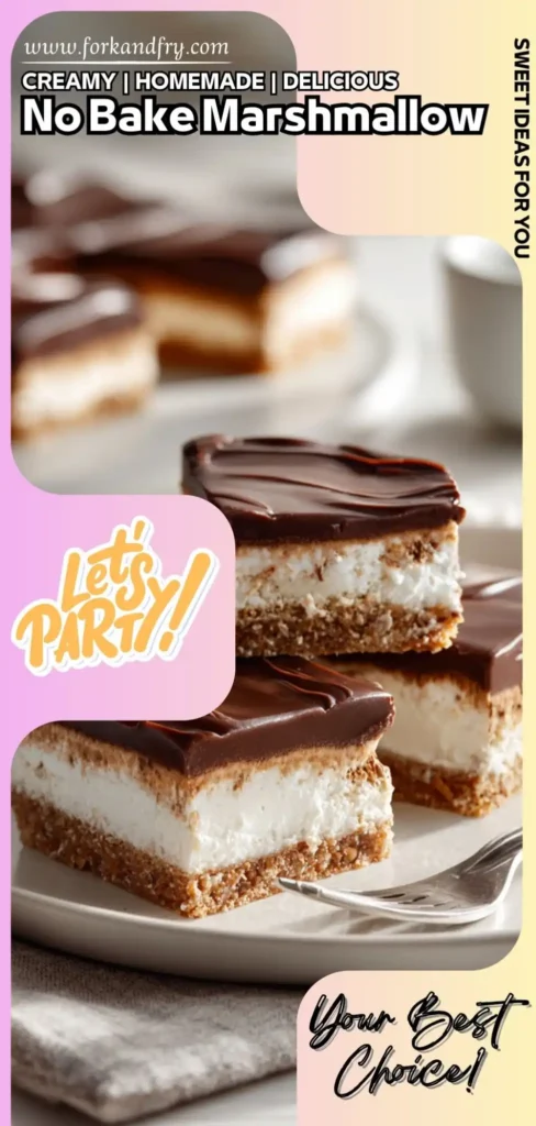 No Bake Marshmallow Cream Bars for Quick Dessert Wins Stacked no bake chocolate marshmallow dessert bars with graham crust on a plate with fork