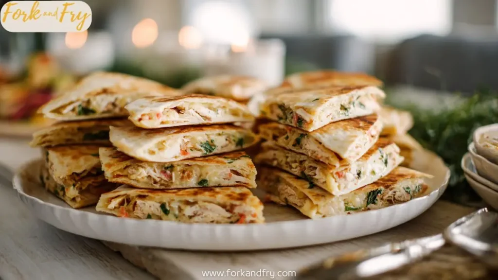 Platter of stacked party-style chicken quesadillas filled with cheese and herbs
