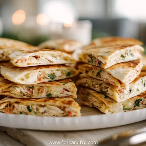Platter of stacked party-style chicken quesadillas filled with cheese and herbs