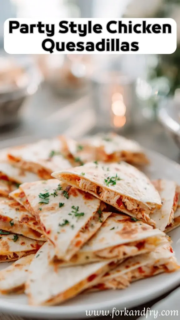 Chicken Quesadillas Perfect for Party Style Meals Stack of chicken quesadilla wedges with herbs served on a white plate