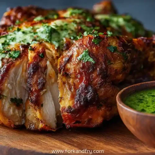 Juicy Peruvian roast chicken with green aji verde sauce served on a wooden board