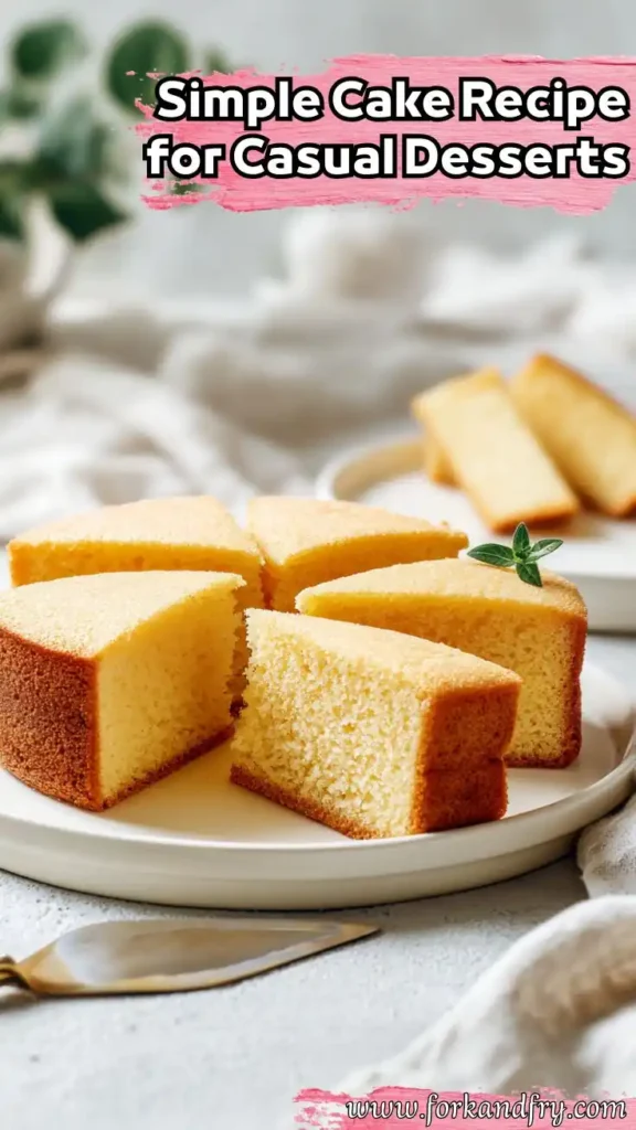 Simple Cake Recipe for Casual Desserts – Vanilla Sponge sliced vanilla sponge cake on plate with text overlay and dessert branding