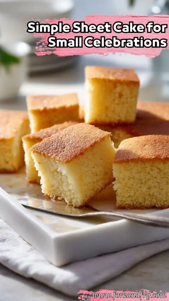 Golden sponge sheet cake cut into squares and served on a marble board