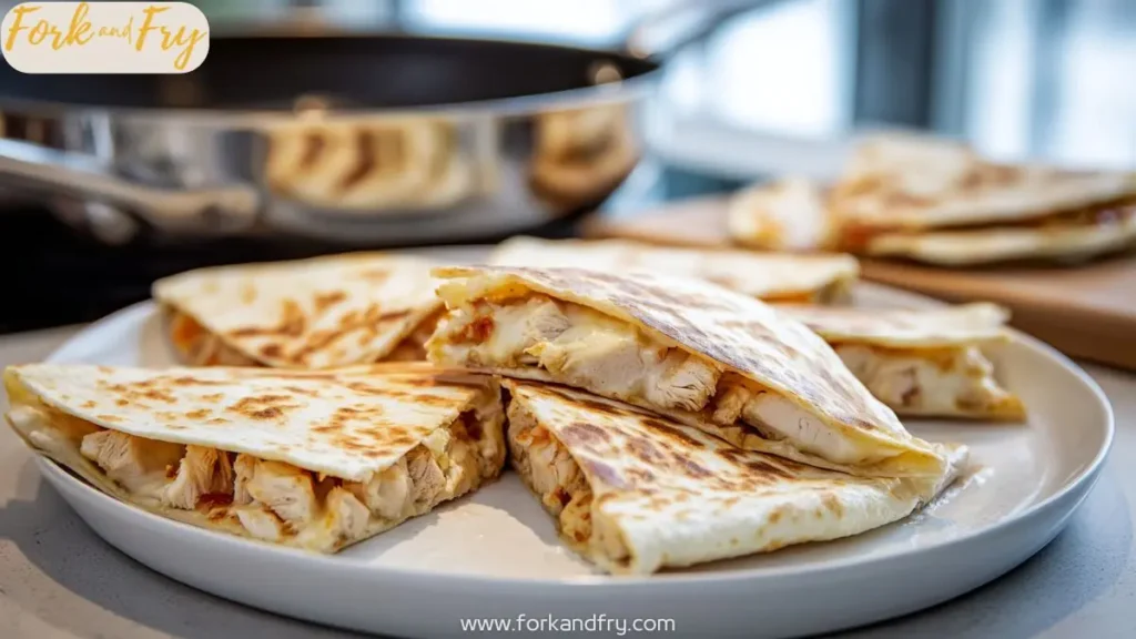 Crispy skillet chicken quesadillas stacked on a white plate with melted cheese