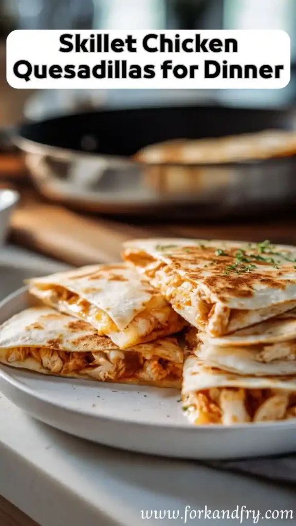 Skillet-fried chicken quesadillas stacked on a plate with melted cheese and herbs