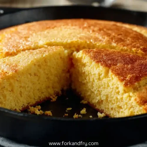 golden skillet honey cornbread with crispy edges and a slice cut out