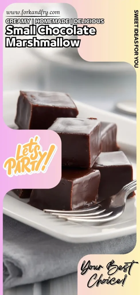 Small Chocolate Marshmallow Squares for Homemade Treats Bite-sized chocolate marshmallow squares stacked on a white plate with a fork