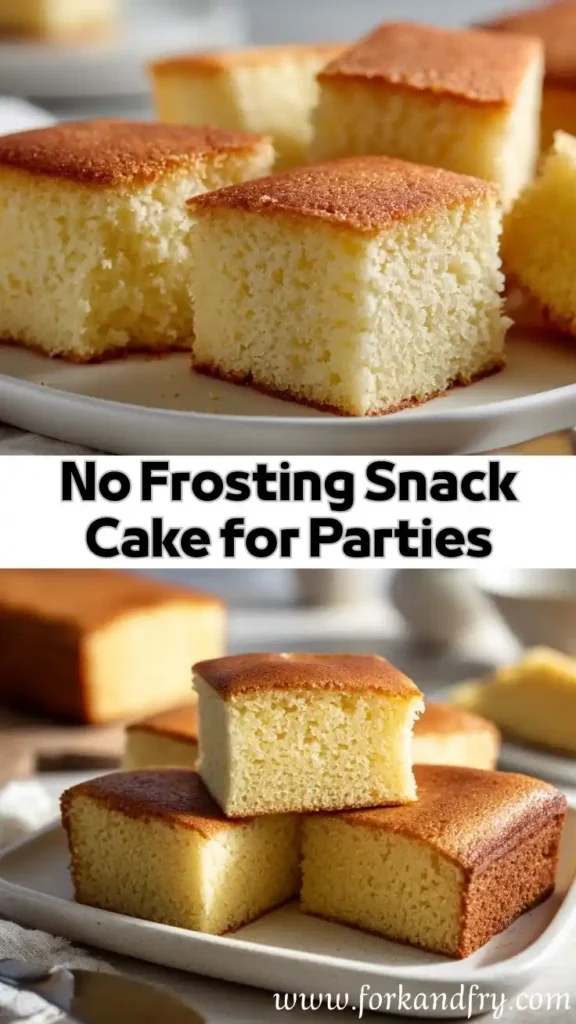 Golden snack cake squares on plates with text overlay reading u0022No Frosting Snack Cake for Partiesu0022