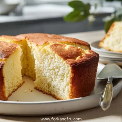 Golden soft yeasted breakfast cake with a fluffy texture served on a white plate
