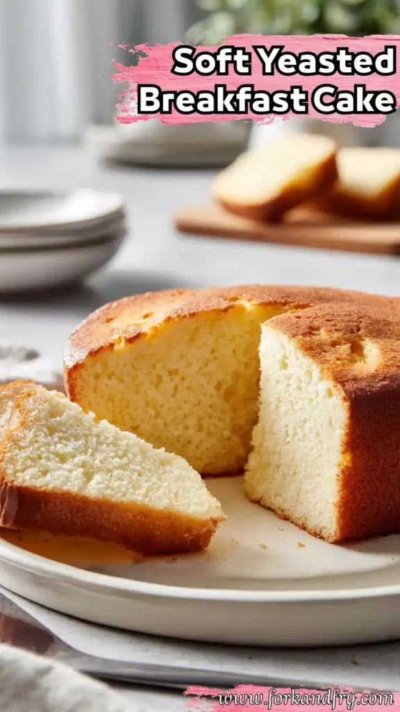 Vertical image of golden soft yeasted breakfast cake sliced and served on ceramic plate