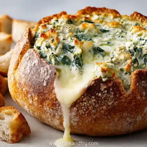 Creamy spinach artichoke dip in a crusty bread bowl with toasted baguette cubes