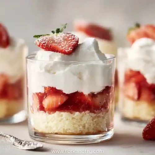 layered strawberry shortcake dessert cups with whipped cream in glass jars