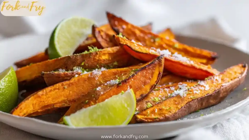 crispy air fryer sweet potato wedges with sea salt and lime wedges