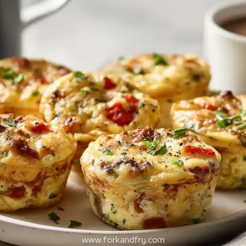 Turkey sausage egg muffins with peppers and herbs on a plate next to coffee