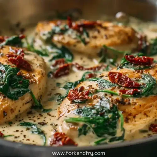 Creamy Tuscan chicken breasts in a skillet with spinach and sun-dried tomatoes