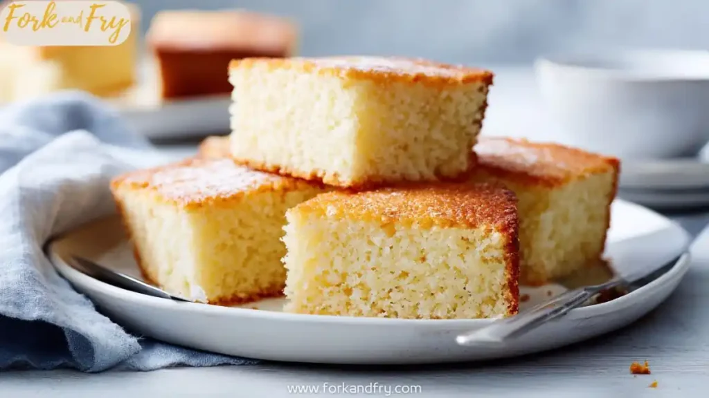 Golden vanilla snack cake slices stacked on a white plate with soft crumb