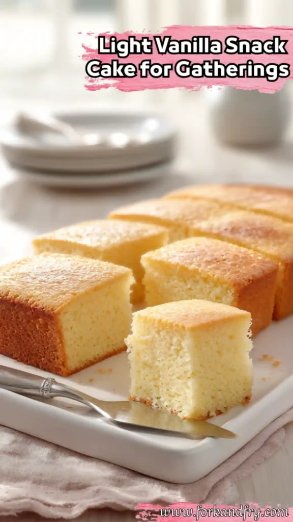 Easy Vanilla Snack Cake for Gatherings and Brunch Squares of golden vanilla snack cake on white tray with plates and knife