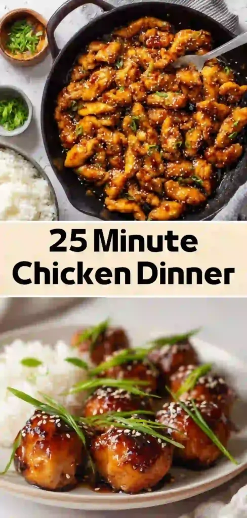 25 minute chicken dinner with glazed sesame chicken in skillet and served over white rice