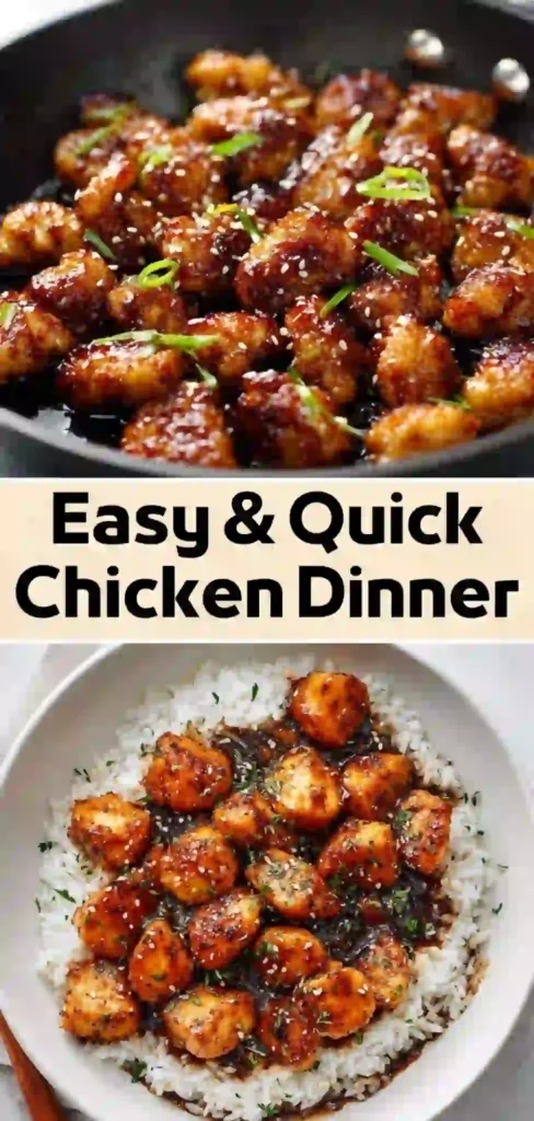 Honey garlic chicken bites glazed in savory sauce with sesame seeds and green onions served over white rice