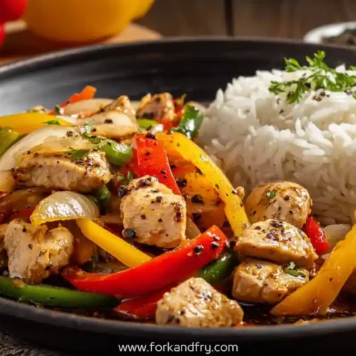 Black pepper chicken stir fry with bell peppers and white rice