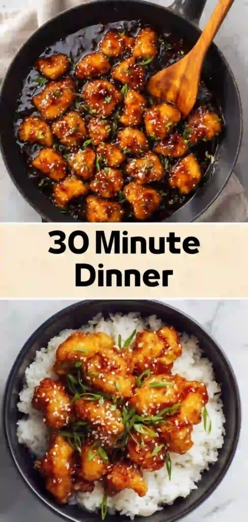 30 minute honey garlic chicken with sesame seeds and green onions served over white rice