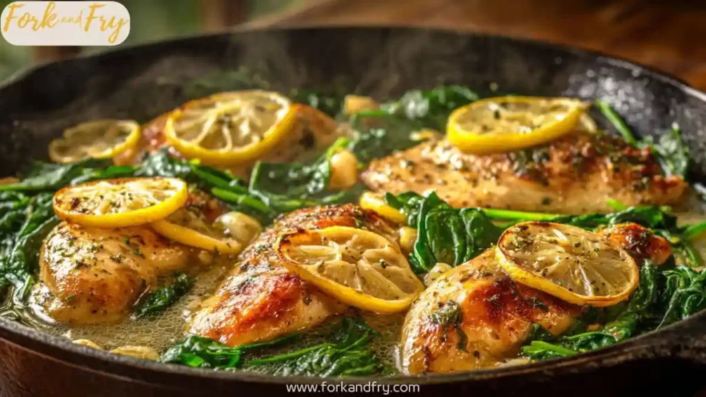30 Minute Spring Chicken Skillet with Lemon and Spinach 30 minute spring chicken skillet with lemon slices and sautéed spinach