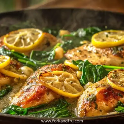 30 minute spring chicken skillet with lemon slices and sautéed spinach
