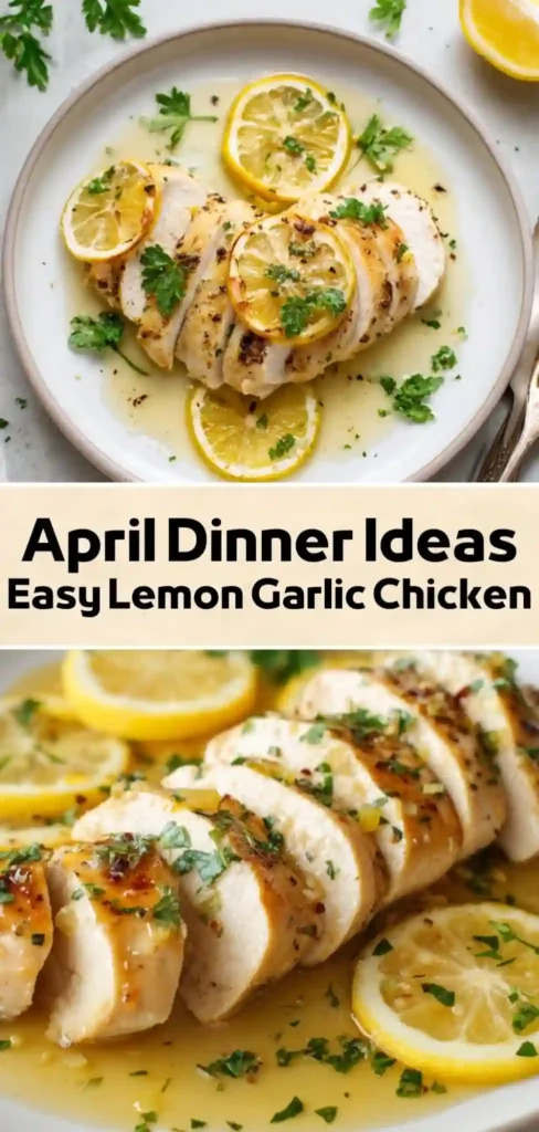 Easy lemon garlic chicken with fresh parsley and sliced lemons in light sauce