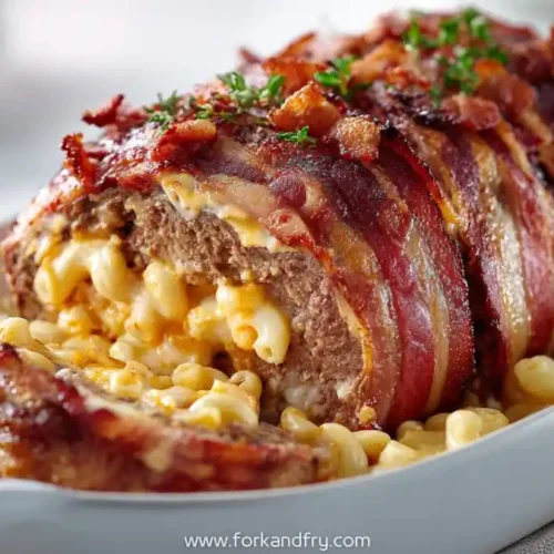 Bacon wrapped meatloaf stuffed with macaroni and cheese, sliced to show creamy filling