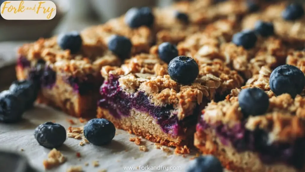 Baked blueberry yogurt bars with oat crumble topping and fresh blueberries