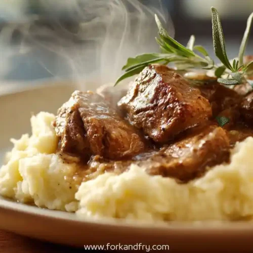 tender beef chunks in gravy over mashed potatoes with rosemary garnish