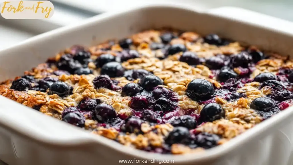 Blueberry baked oatmeal squares with oats and juicy blueberries in a white baking dish