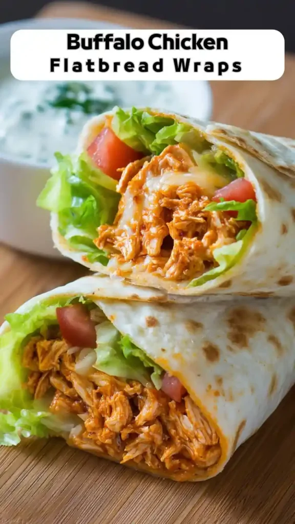 Buffalo chicken flatbread wrap with shredded spicy chicken, lettuce, tomato, and melted cheese