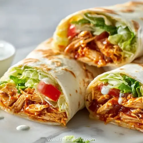 Buffalo chicken flatbread wraps filled with shredded spicy chicken, lettuce, tomato, and creamy dressing