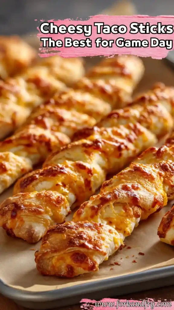 Cheesy taco sticks baked until golden brown on a parchment lined baking tray