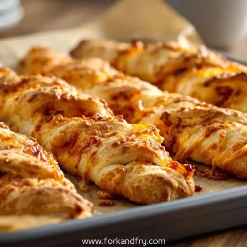 Baked cheesy taco sticks wrapped in dough and golden brown on a baking tray