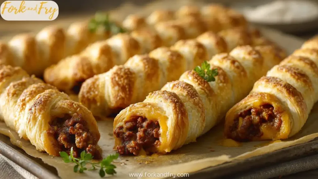 Cheesy taco sticks with ground beef and melted cheese baked in flaky pastry rolls