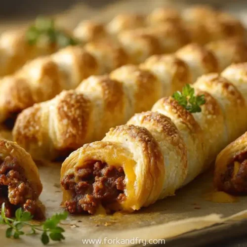 Cheesy taco sticks with ground beef and melted cheese baked in flaky pastry rolls
