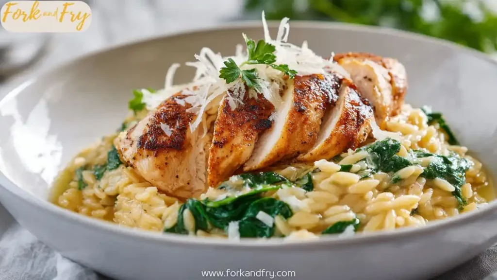 Chicken Orzo with Spinach and Parmesan Grilled chicken breast over creamy orzo with spinach and parmesan