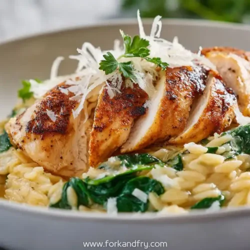 Grilled chicken breast over creamy orzo with spinach and parmesan