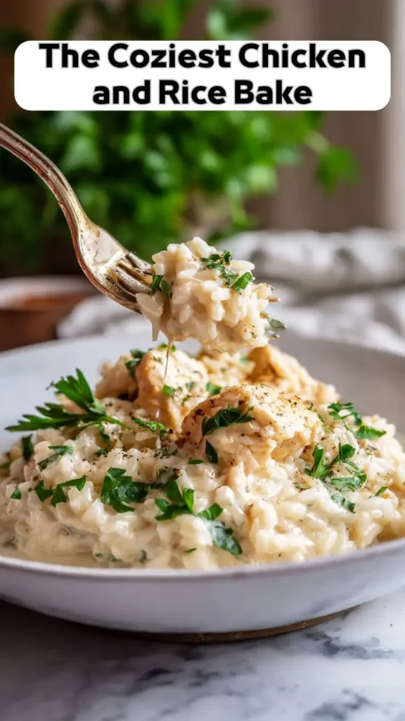 The Coziest Chicken and Rice Bake – Creamy Comfort Food Creamy chicken and rice bake with tender chicken pieces, cheesy rice, and fresh parsley garnish on a fork